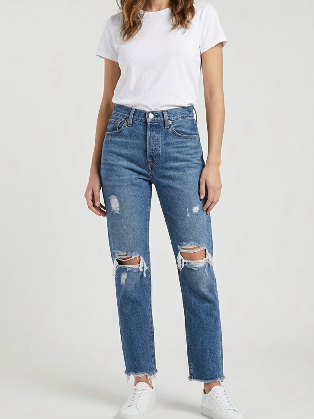 Levis Distressed High-Rise Straight Jeans in Blue